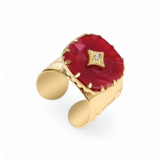 TISA Red Rouge Open Ring – vintage abstract 18k gold-plated stainless-steel waterproof non-tarnish hypoallergenic ring with red crystal
