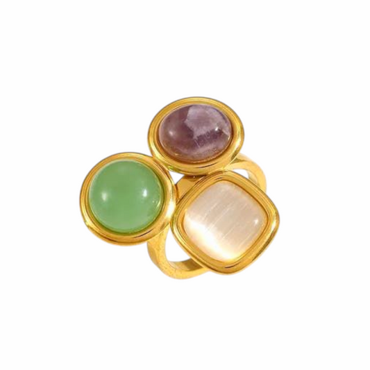 TISA Terra Multi-Stone Open Ring – 18k gold-plated stainless-steel waterproof non-tarnish hypoallergenic ring with natural stone accents.