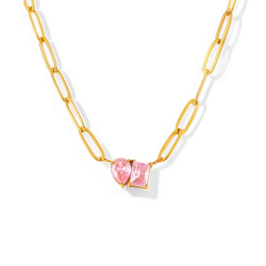 TISA Rosaria Zircon Necklace – Waterproof 18K gold-plated stainless steel with twin pink zircon stones in a Toi et Moi-inspired design; hypoallergenic and non-tarnish.