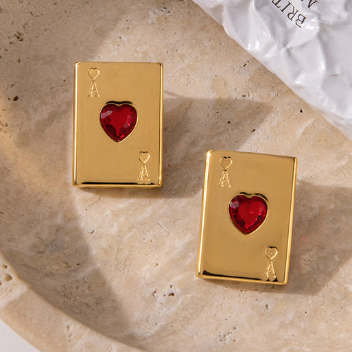 Two 18k gold plated rectangular poker earrings with red heart-shaped center details.