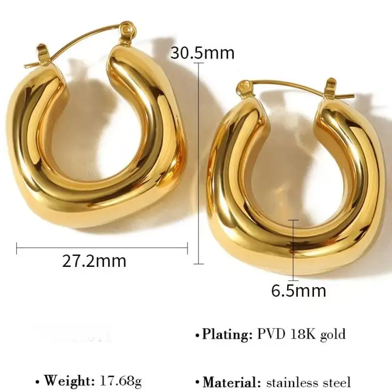 18k Gold-plated hoop earrings shown on a white background with dimension labels, weight, and material text. The image displays two views of the earrings with measurements: 27.