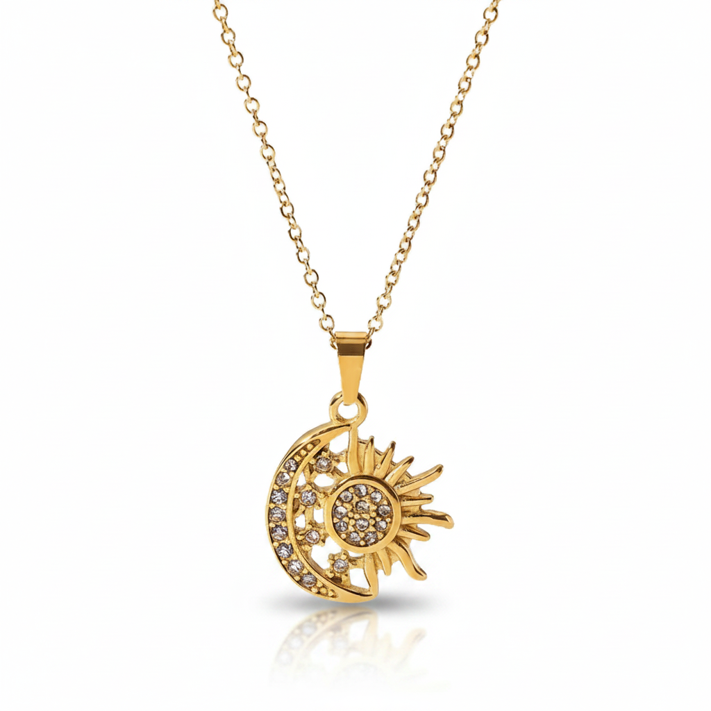 Tisa 18k Gold-plated necklace with a sun and moon zircon pendant on a white background
