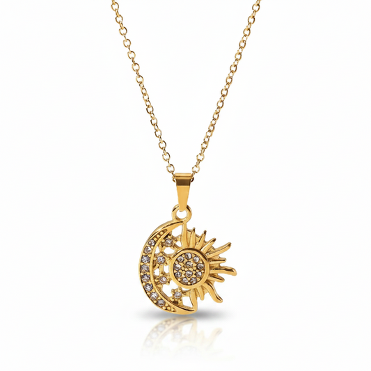 Tisa 18k Gold-plated necklace with a sun and moon zircon pendant on a white background