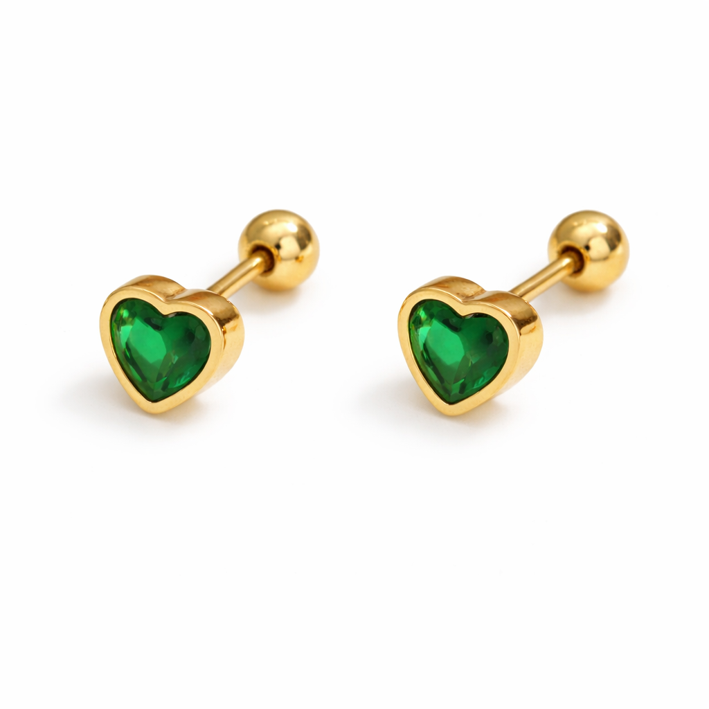 18k Gold plated heart-shaped earrings with green gemstones on a white background