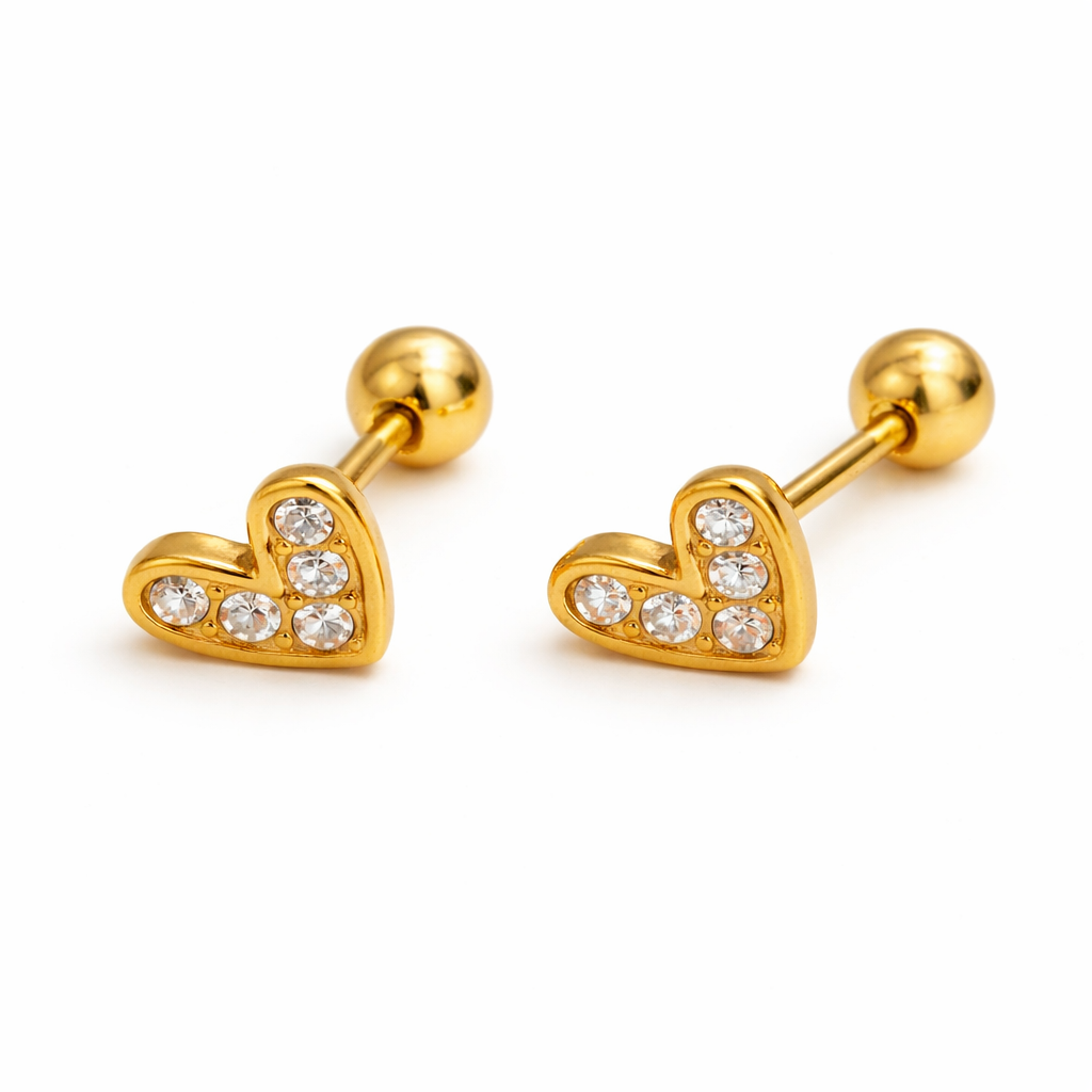 Tisa 18k Gold plated heart-shaped earrings with clear zircons on a white background