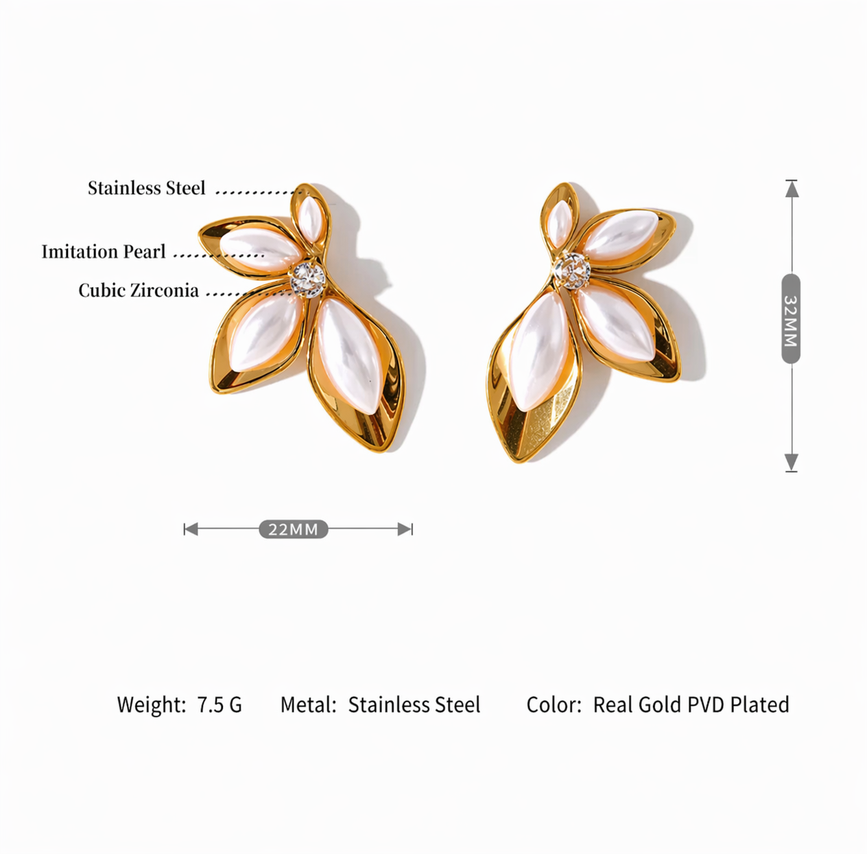 Tisa Golden Petal Studs earrings with ivory pearls and specifications on a white background