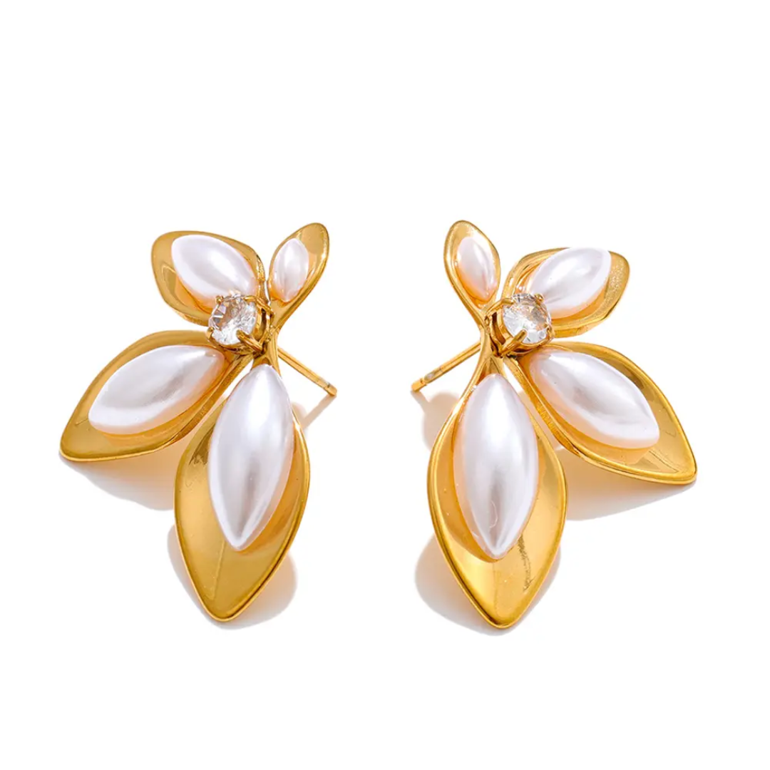 Tisa Golden Petal Studs, leaf-shaped earrings on a white background