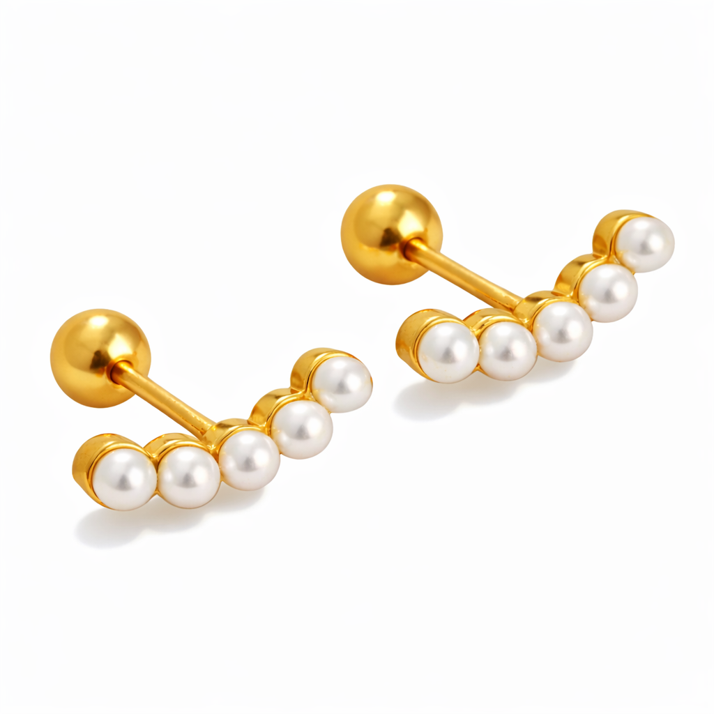 Tisa 18k gold plated pair of pearl earrings on a white background.