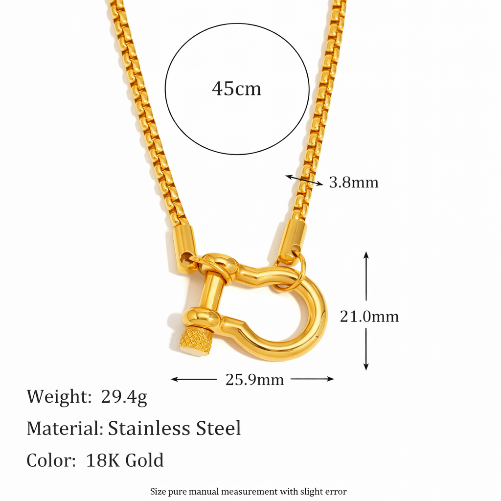 Tisa 18k Gold plated necklace with measurements and material details on a white background.