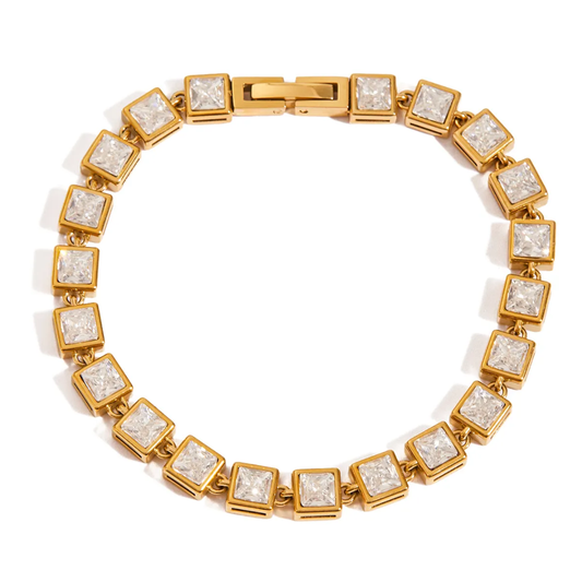 Square 18k gold plated tennis bracelet with zircon setting on a white background