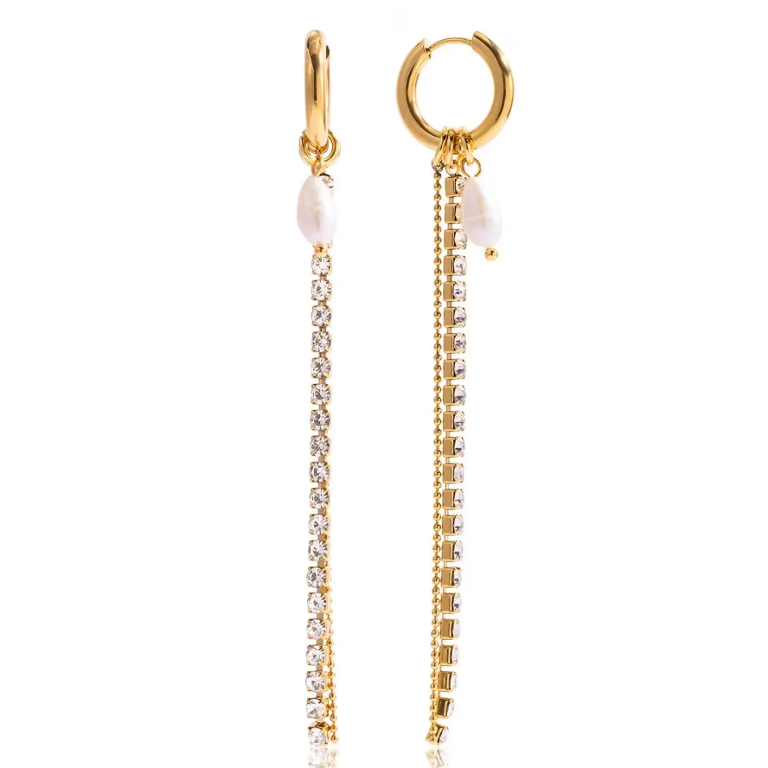 A pair of 18k gold plated dangle earrings with a small white pearl, a row of clear cubic zirconia stones, and a longer gold chain, shown on a plain white background.