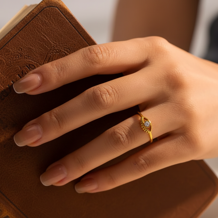 Hand wearing Tisa's 18k pvd gold plated evil eye ring holding a book against a neutral background