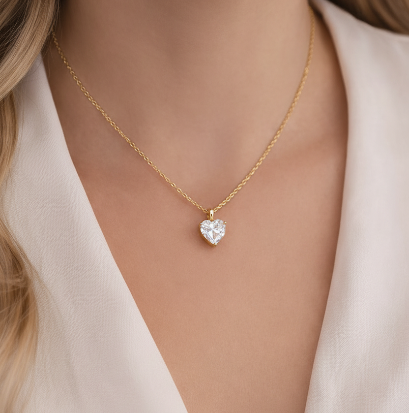 18k gold plated solitaire necklace with a heart-shaped zircon pendant on a model wearing a white top.