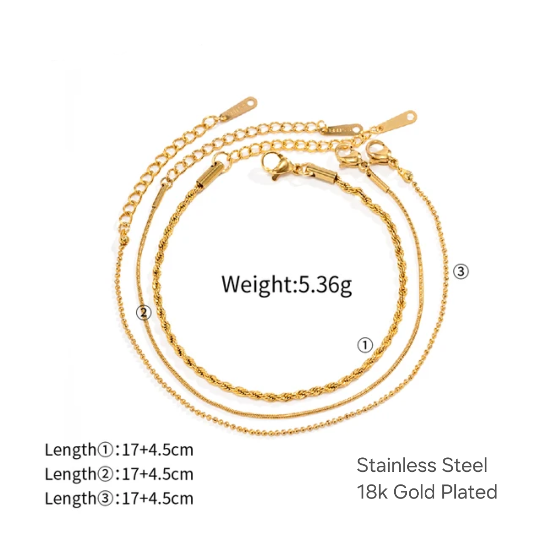 18k Gold plated bracelets with measurements and material details on a white background