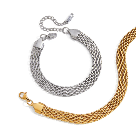 Two mesh chain unisex bracelets, one silver and one gold, on a white background.