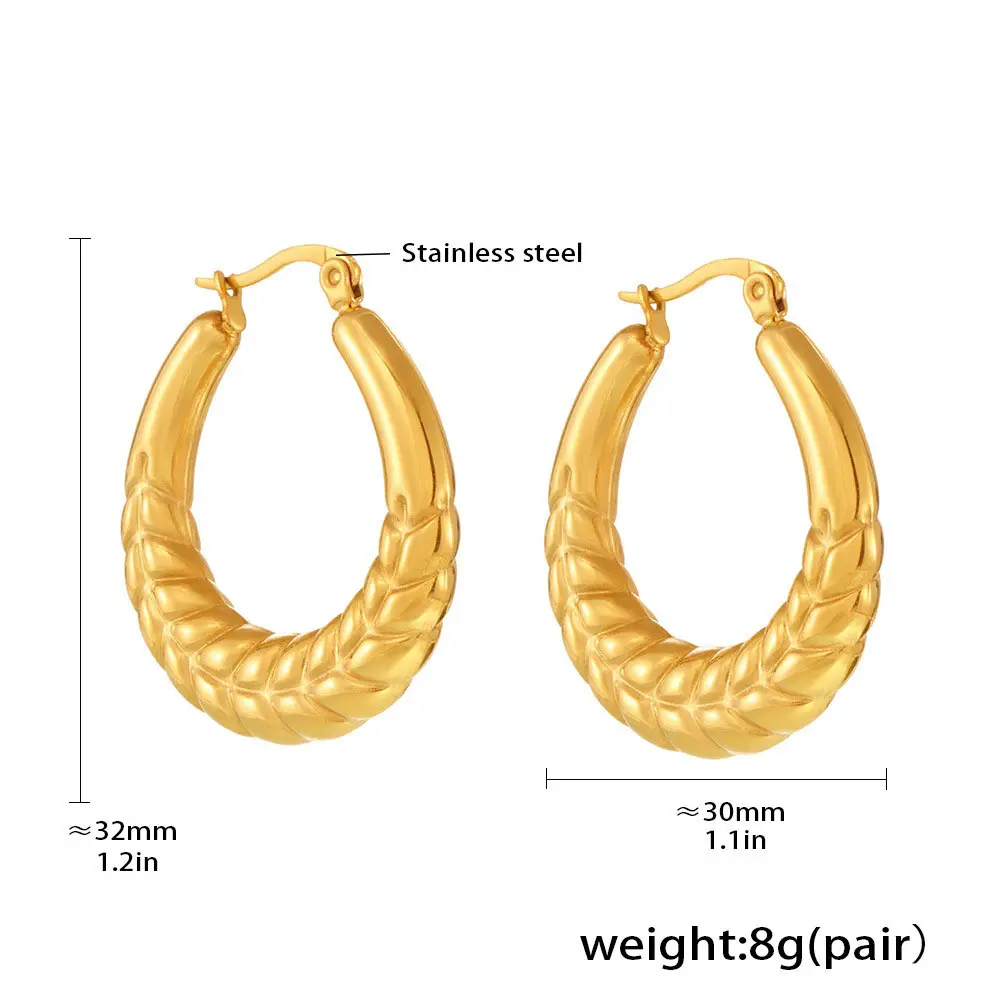 Tisa 18k Gold plated hoop earrings with a textured braided design, shown with dimension labels on a white background.