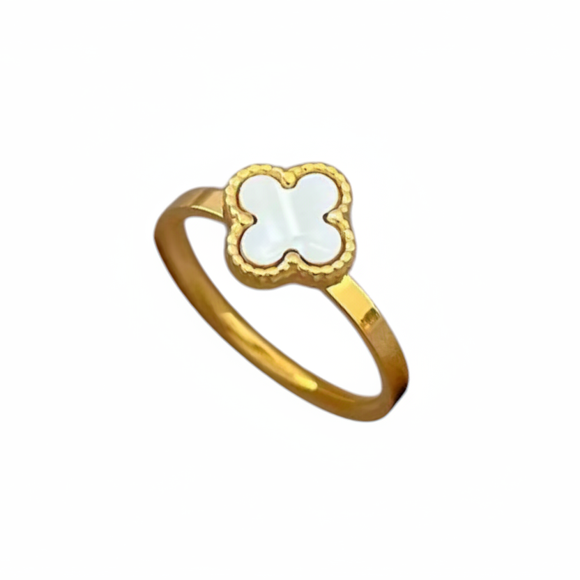 TISA 18K GOLD-PLATED ring with a white clover-shape on a white background
