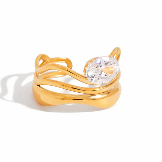 Tisa Wavelength Solitaire Ring - 18K gold-plated stainless steel wave band with raised solitaire